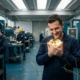 Responsabile che stringe tra le mani un diamante scintillante con sguardo bramoso, mentre i lavoratori in officina con dispositivi di protezione continuano il lavoro senza energia, circondati da filamenti dorati spezzati, il titolare li osserva rattristato con la libellula sulla spalla