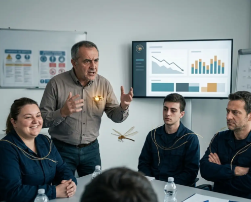 Leader che parla animatamente al team in riunione davanti a uno schermo con grafici in calo, tre collaboratori con filamenti dorati superficiali sulle spalle: una sorride compiaciuta, un giovane resta in silenzio stanco, un altro annuisce a braccia conserte