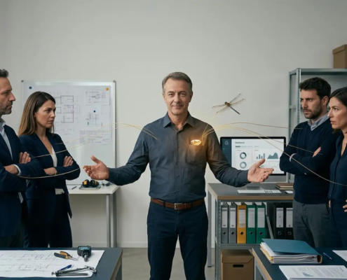 Mediatore con un diamante nel taschino, braccia aperte tra due gruppi di colleghi in tensione con le braccia conserte, filamenti dorati che collegano ciascun gruppo solo a lui, mai tra loro direttamente