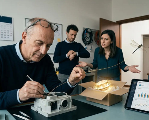 Revisore anziano che segna un nuovo difetto minuscolo su un prototipo quasi finito, mentre un filo dorato che collega il diamante alla porta viene trattenuto tra le sue dita, con due colleghi visibilmente impazienti sullo sfondo