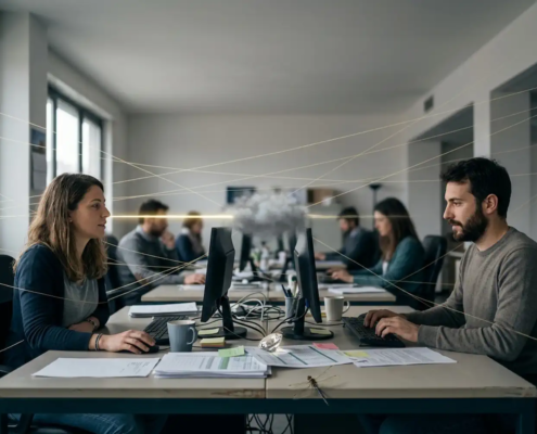 SOVRACCARICO COMUNICATIVO - Due colleghi seduti vicini si parlano mentre il filo dorato tra loro attraversa una zona opaca e ne esce affievolito