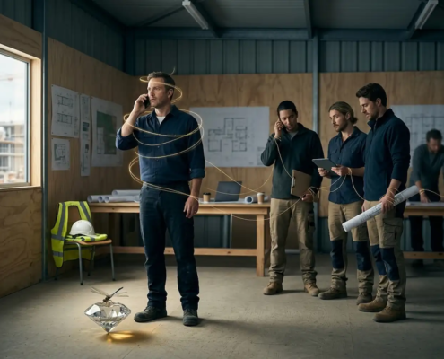 Titolare al telefono nell'ufficio di cantiere, circondato da filamenti dorati che lo collegano ai collaboratori in attesa di una decisione non riesco a delegare